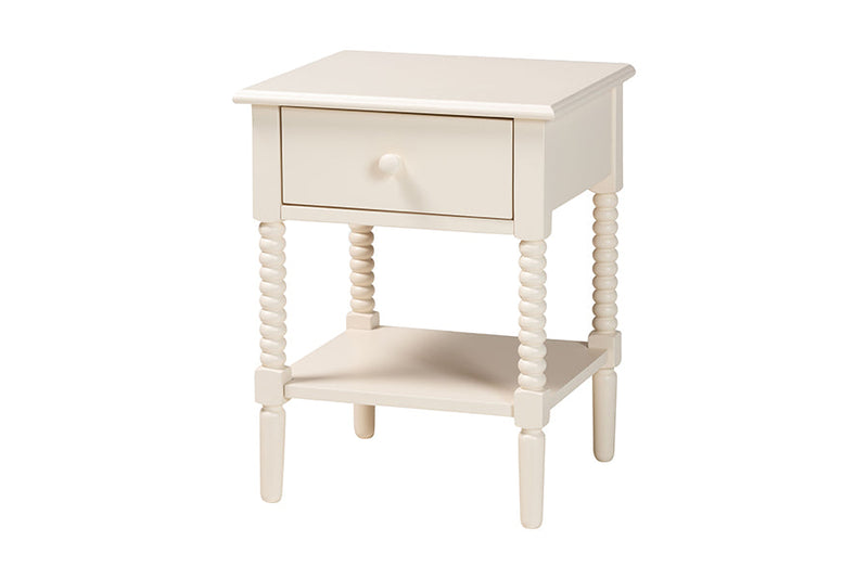 Bernice Farmhouse Ivory Spindle Wood 1-Drawer Nightstand Baxton