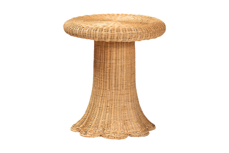 Benji Scallop Natural Rattan Pedestal Side Table Baxton
