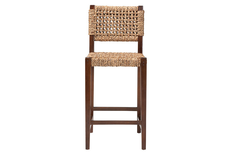 Delilah Handwoven Seagrass Bar Stool with Mahogany Wood Frame Baxton