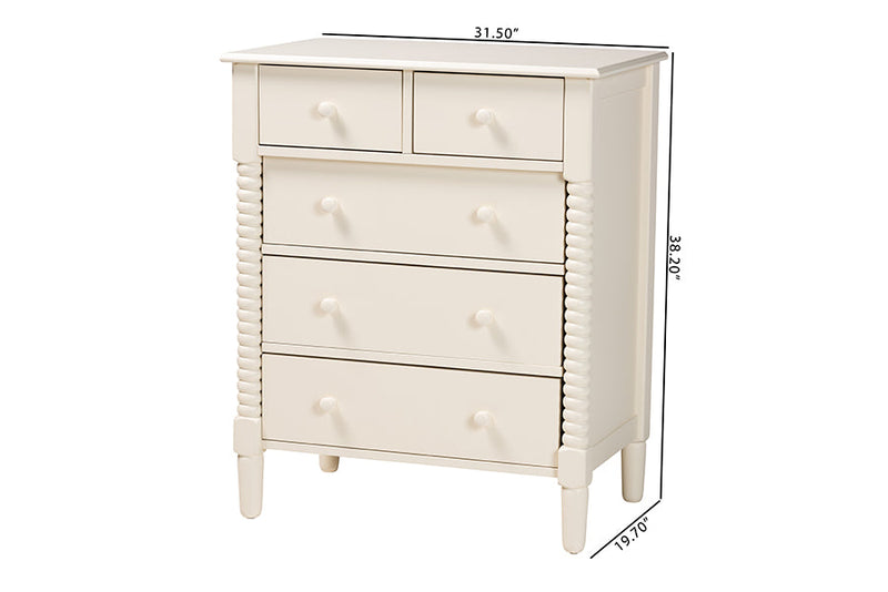 Bernice Farmhouse Ivory Spindle Wood 5-Drawer Chest Baxton