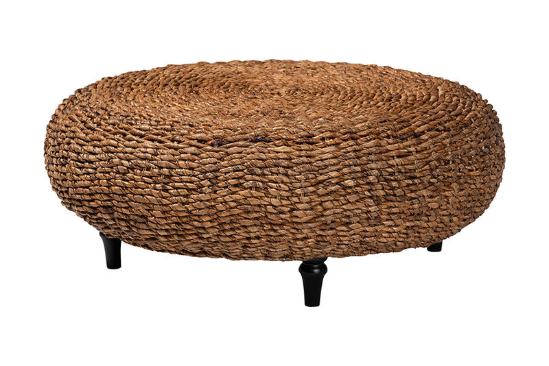 Romana Handwoven Seagrass Coffee Table with Wooden Legs Baxton