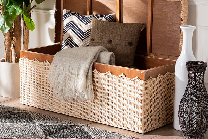 Helios Scallop Natural Rattan Bench with Lift-top Lid Baxton