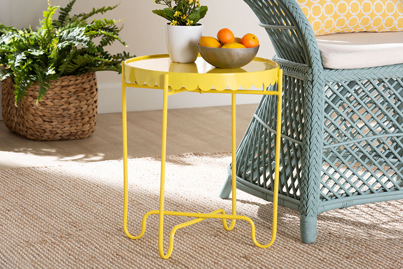 Lapis Yellow Metal Side Table with Scalloped Tray Top Baxton