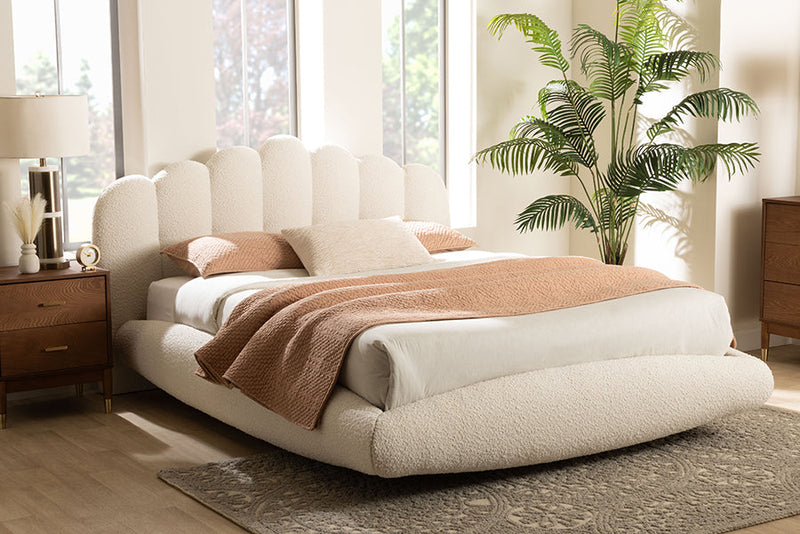 Derenik Modern Cream Boucle Fabric King Size Floating Bed Baxton