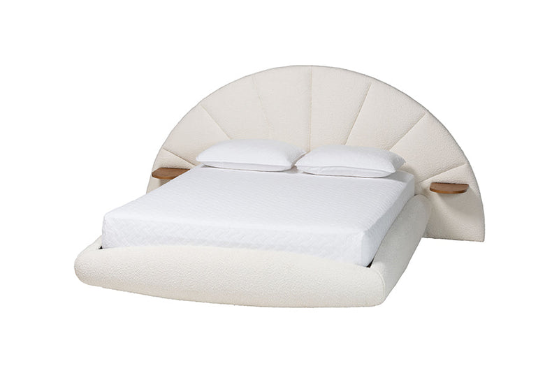 Burris Modern Cream Boucle Fabric King Floating Bed with Built-In Shelves Baxton