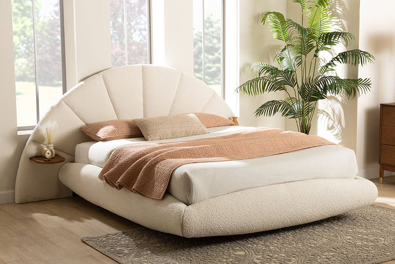 Burris Modern Cream Boucle Fabric King Floating Bed with Built-In Shelves Baxton