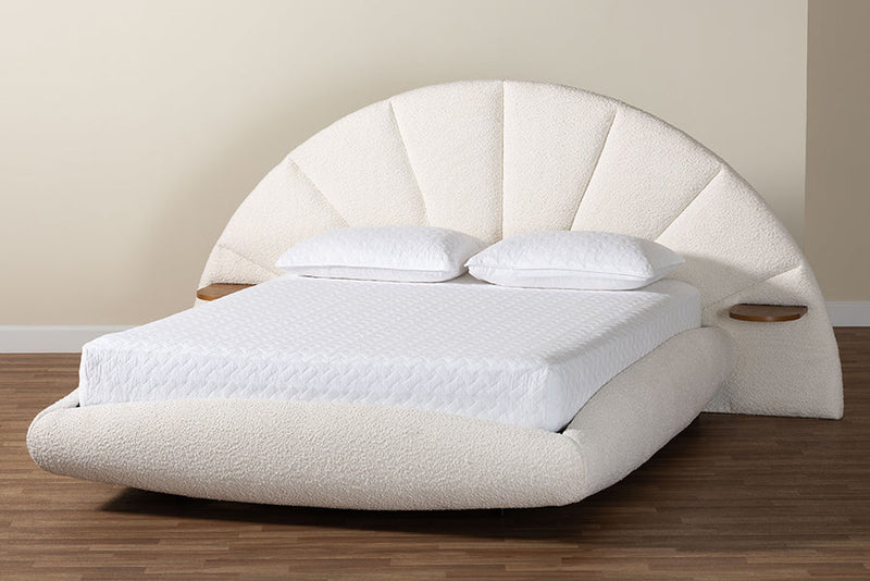 Burris Modern Cream Boucle Fabric King Floating Bed with Built-In Shelves Baxton