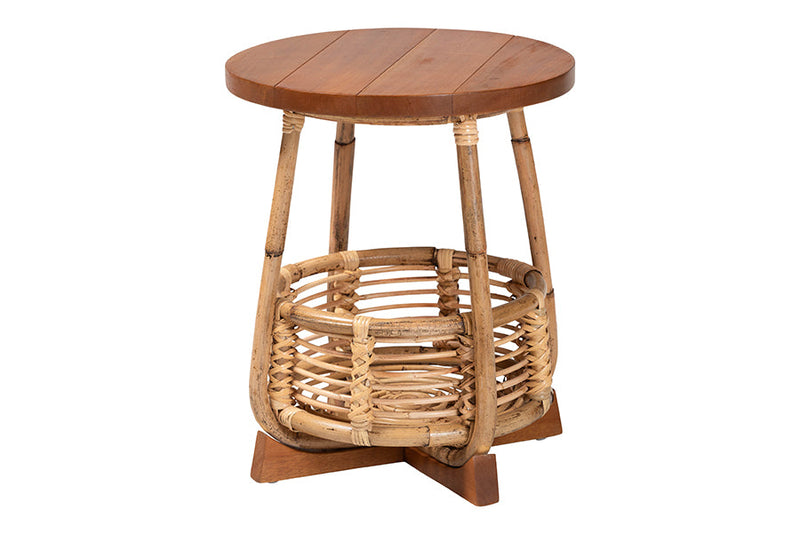 Grenier Natural Rattan and Mahogany Wood End Table Baxton