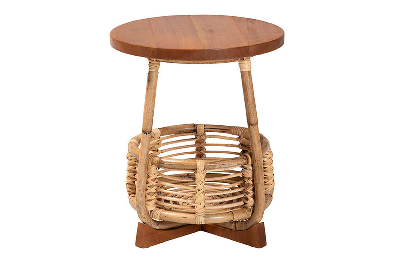 Grenier Natural Rattan and Mahogany Wood End Table Baxton