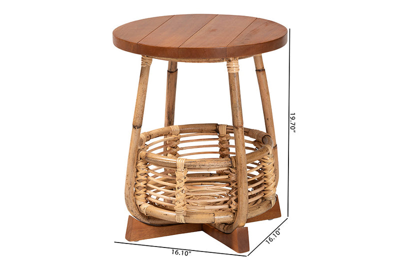 Grenier Natural Rattan and Mahogany Wood End Table Baxton