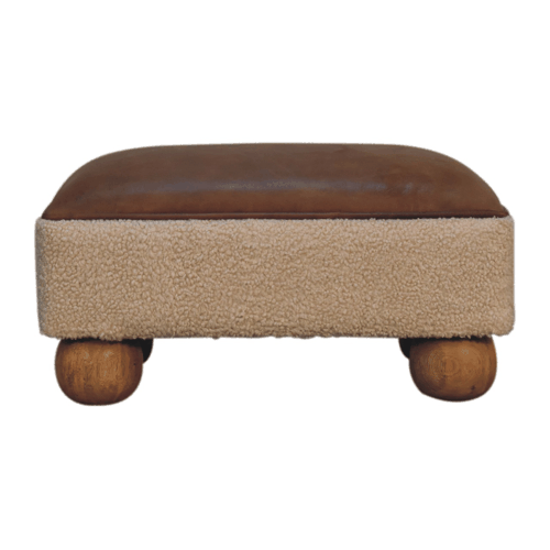 Vintage Leather Boucle Ball Footstool Artisan