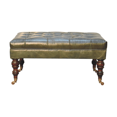 Buffalo Green Leather Ottoman with Castor Legs Artisan