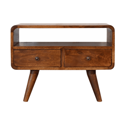 Mini Chestnut Curved Media Unit with 2 Drawers Artisan