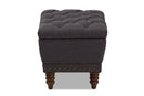 Riona Dark Gray Fabric, Walnut Wood Finished Button-Tufted Storage Ottoman Baxton