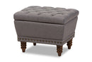 Riona Light Gray Fabric, Walnut Wood Finished Button-Tufted Storage Ottoman Baxton