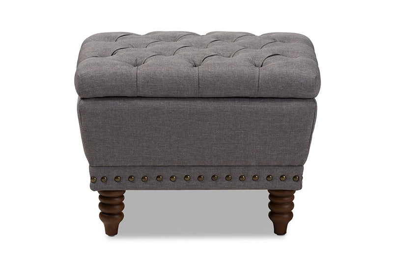 Riona Light Gray Fabric, Walnut Wood Finished Button-Tufted Storage Ottoman Baxton