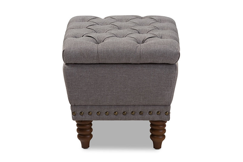 Riona Light Gray Fabric, Walnut Wood Finished Button-Tufted Storage Ottoman Baxton