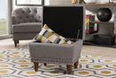 Riona Light Gray Fabric, Walnut Wood Finished Button-Tufted Storage Ottoman Baxton