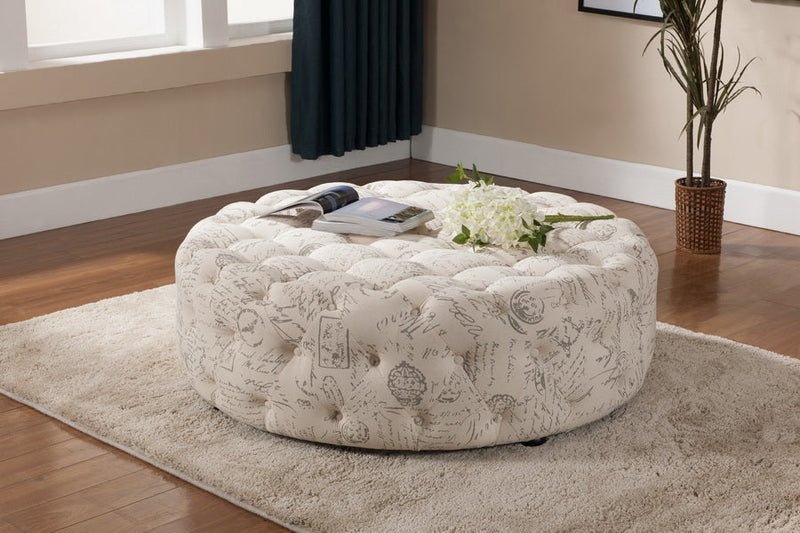 Sovanna Beige Script Print Modern Tufted Ottoman Baxton