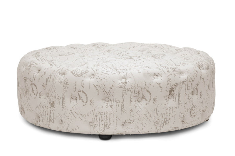 Sovanna Beige Script Print Modern Tufted Ottoman Baxton