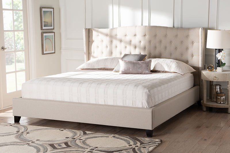 Cornelie Light Beige Linen Modern Platform Bed –King Size