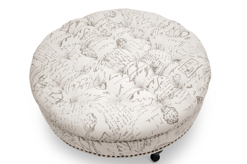 Jeane Beige Script Print Modern Tufted Ottoman Baxton