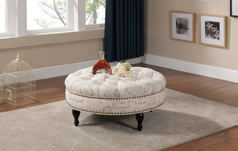 Jeane Beige Script Print Modern Tufted Ottoman Baxton
