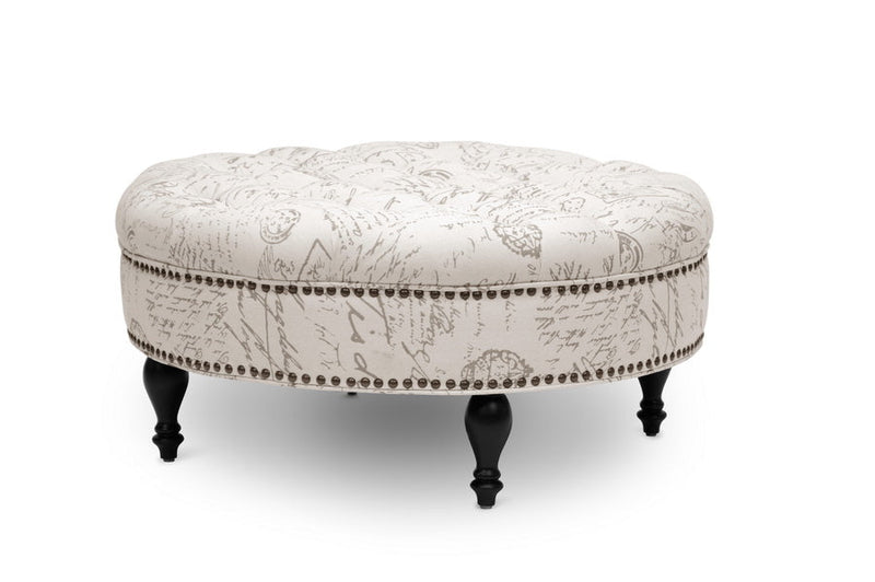 Jeane Beige Script Print Modern Tufted Ottoman Baxton