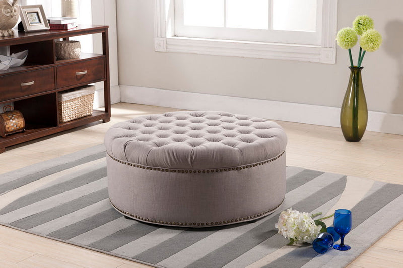 Neah Beige Linen Modern Tufted Ottoman Baxton