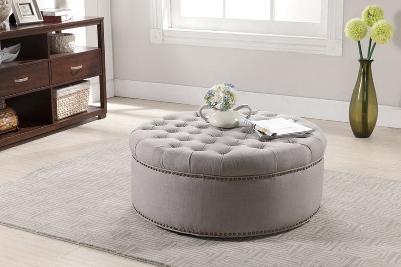 Neah Beige Linen Modern Tufted Ottoman Baxton