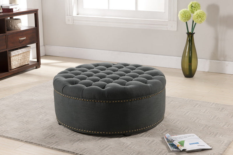 Neah Gray Linen Modern Tufted Ottoman Baxton