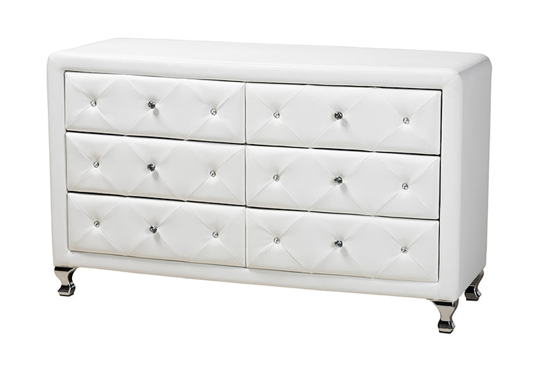 Naylor White Faux Leather Upholstered Dresser, 6-Drawers