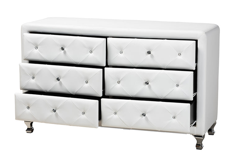 Naylor White Faux Leather Upholstered Dresser, 6-Drawers