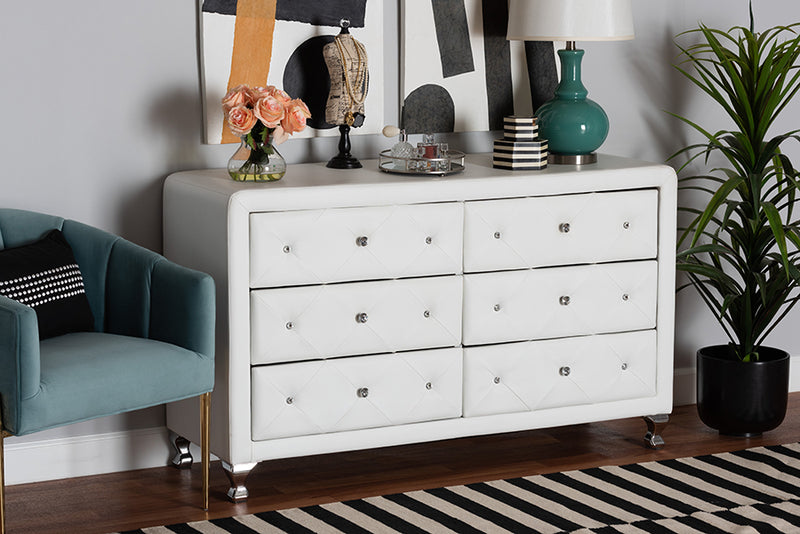 Naylor White Faux Leather Upholstered Dresser, 6-Drawers