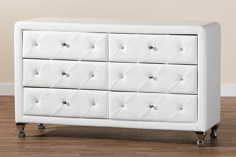 Naylor White Faux Leather Upholstered Dresser, 6-Drawers Baxton