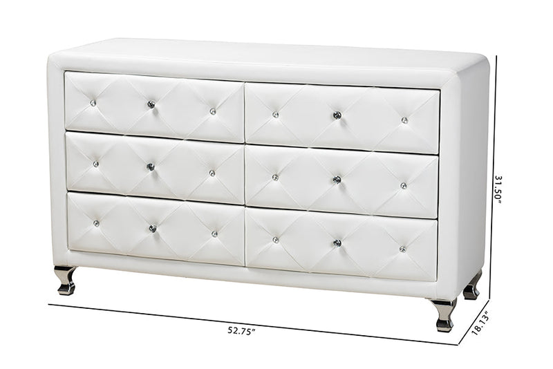 Naylor White Faux Leather Upholstered Dresser, 6-Drawers Baxton