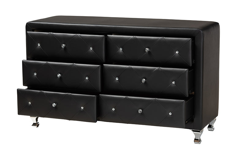 Naylor Black Faux Leather Upholstered Dresser, 6-Drawers