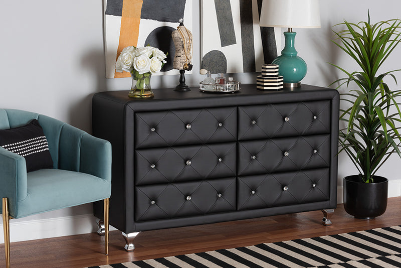 Naylor Black Faux Leather Upholstered Dresser, 6-Drawers