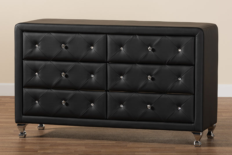 Naylor Black Faux Leather Upholstered Dresser, 6-Drawers