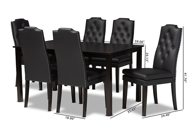 Newcastle Black Faux Leather Upholstered and Dark Brown 7-Piece Dining Set Baxton