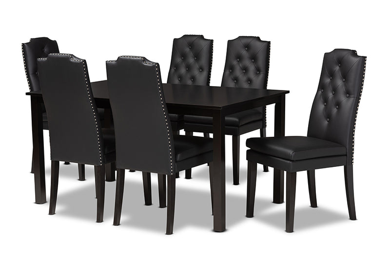 Newcastle Modern and Contemporary Black Faux Leather Upholstered and Dark Brown Finished Wood 7-Piece Dining Set