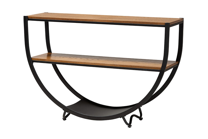 Clifford Style Antique Black Textured Finish Metal Distressed Wood Console Table Baxton