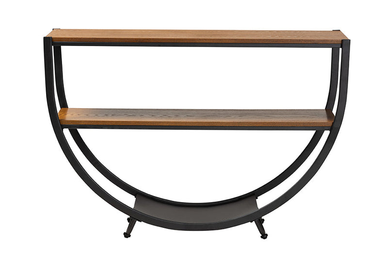 Clifford Style Antique Black Textured Finish Metal Distressed Wood Console Table Baxton
