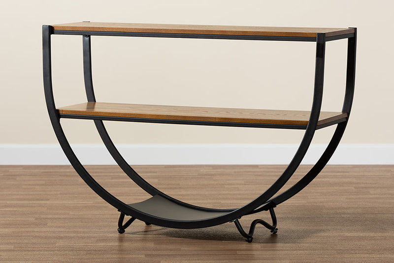 Clifford Style Antique Black Textured Finish Metal Distressed Wood Console Table Baxton