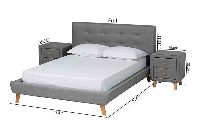 Fadri Mid-Century Gray Fabric Upholstered Queen Size 3-Piece Bedroom Set