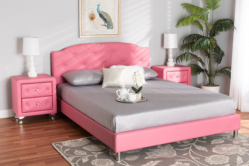 Declan Glam Pink Faux Leather Upholstered Queen Size 3-Piece Bedroom Set Baxton