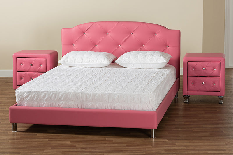 Declan Contemporary Glam Pink Faux Leather Upholstered Queen Size 3-Piece Bedroom Set