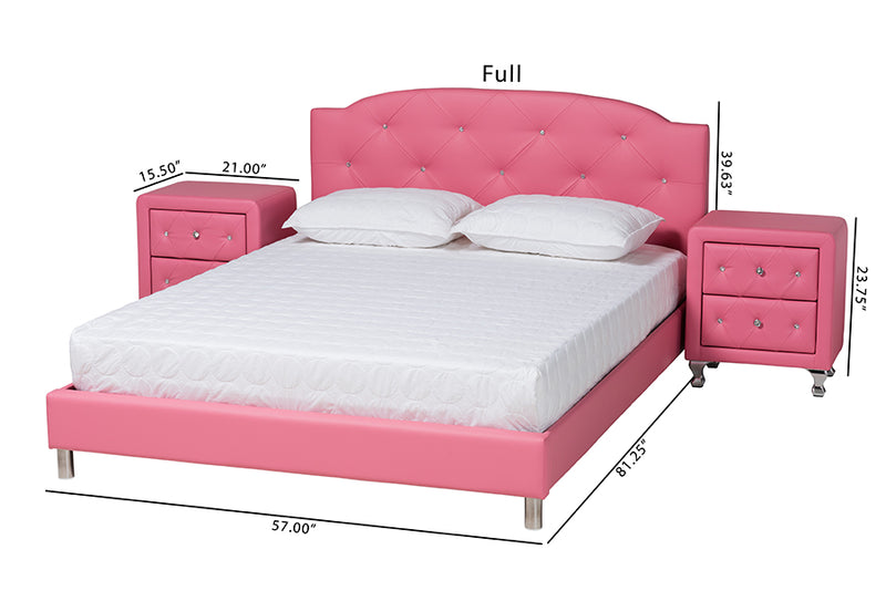 Declan Contemporary Glam Pink Faux Leather Upholstered Full Size 3-Piece Bedroom Set