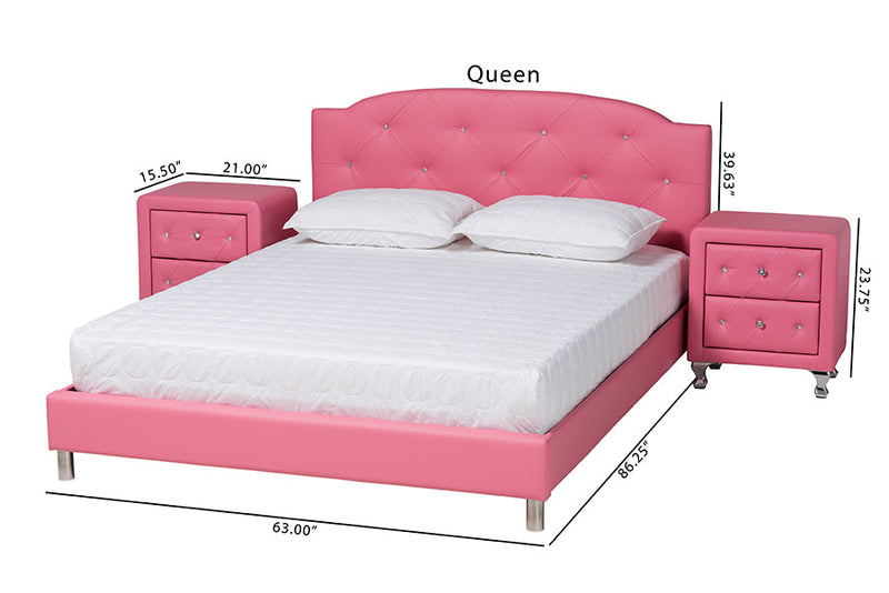 Declan Glam Pink Faux Leather Upholstered Queen Size 3-Piece Bedroom Set Baxton