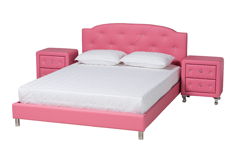 Declan Contemporary Glam Pink Faux Leather Upholstered Queen Size 3-Piece Bedroom Set